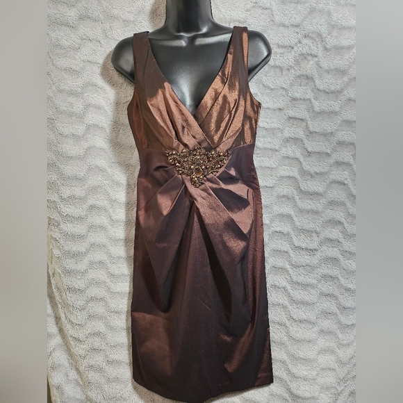 David Meister Brown Copper Bronze Cocktail Dress Beaded 6 - Picture 3 of 16